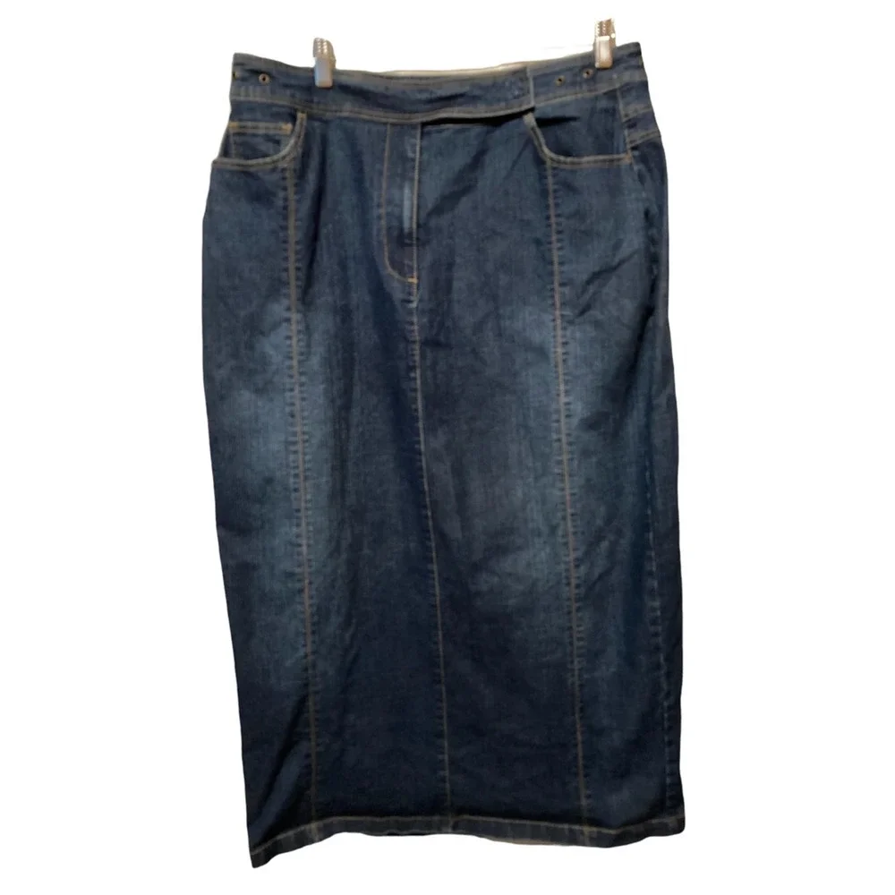 Ashley Stewart Womens Pencil 16W Skirt Blue Stretch Pockets Denim Plus Modest